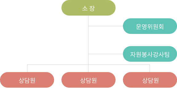 조직도 - 1단계 소장, 1~2단계 사이에 운영위원회, 2단계 실장, 2~3단계 사이에 자원봉사강사팀, 3단계 상담원1,2 그리고 사업담당자